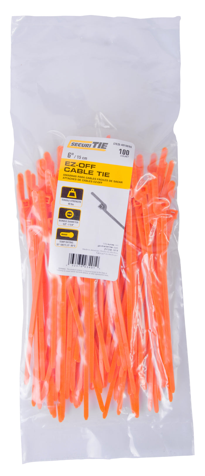 Gardner Bender CTEZ6-40100NG Cable Tie EZ Off 6" 40lb Orange; 100/Bag