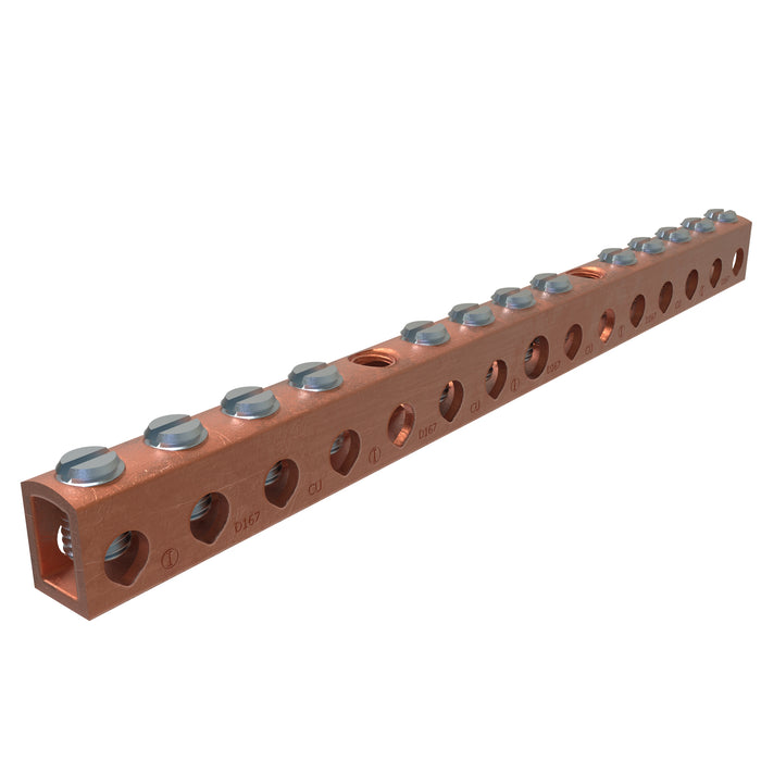 ILSCO D167-12-EC Copper Neutral Bar, Conductor Range 4-14 Main, 6-14 Tap, 13 Ports, 1/bag