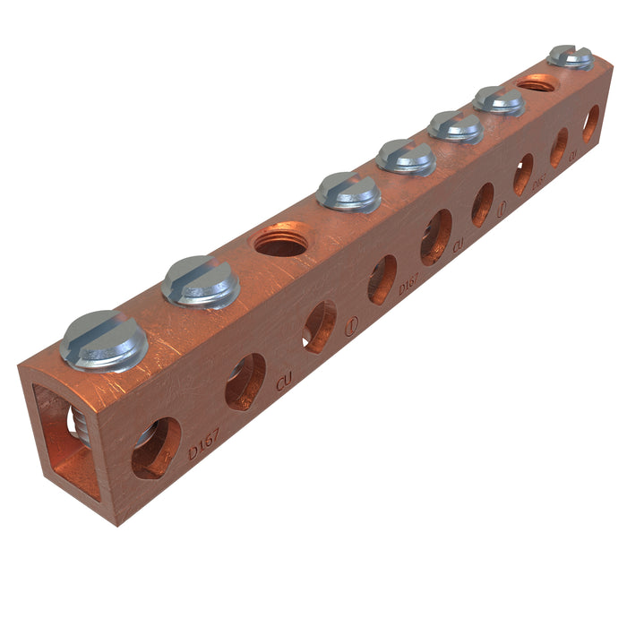 ILSCO D167-6-EC Copper Neutral Bar, Conductor Range 4-14 Main, 6-14 Tap, 7 Ports, 1/bag
