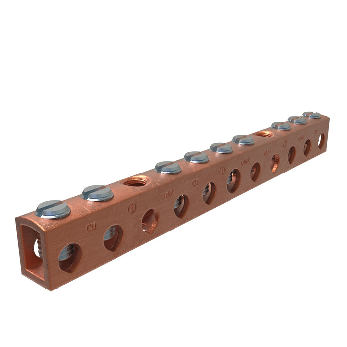 ILSCO D167-8-EC Copper Neutral Bar, Conductor Range 4-14 Main, 6-14 Tap, 9 Ports, 1/bag