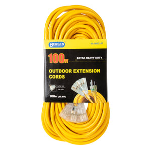 Bergen Industries OC1001233T Extension Cord 100ft  SJTW Yellow  12/3  Lighted End  Triple Tap