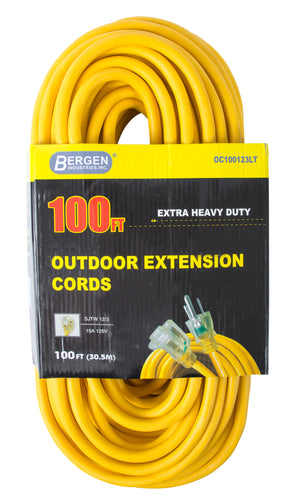 Bergen Industries OC100123LT Extension Cord 100ft  SJTW Yellow  12/3  Lighted End