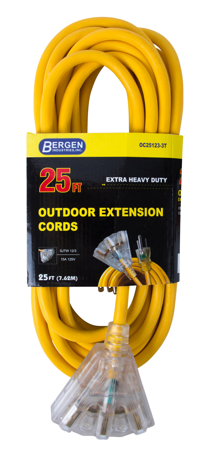 Bergen Industries OC251233T Extension Cord 25ft  SJTW Yellow  12/3  Lighted End  Triple Tap