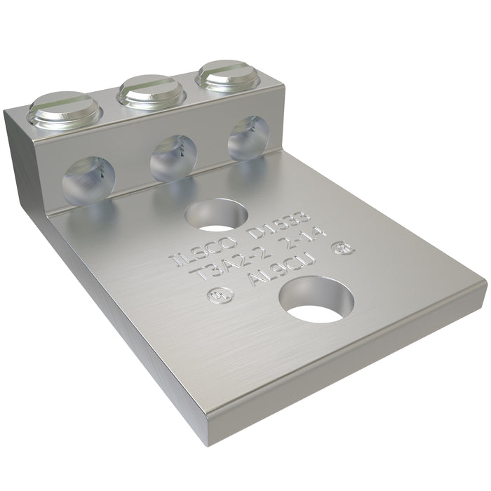 ILSCO T3A2-2-EC Aluminum Mechanical Lug, Dual Rated, Conductor Range 250-6, 3 Ports, 2 Holes, 1/2in Bolt Size, 1-3/4in Hole Spacing, Tin Plated, UL, CSA, 1/bag
